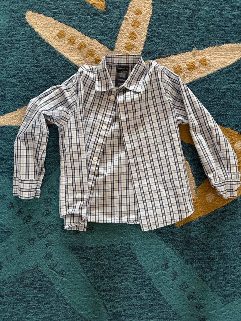 Nautica Boys White Plaid Button-Down Shirt with Navy Accents